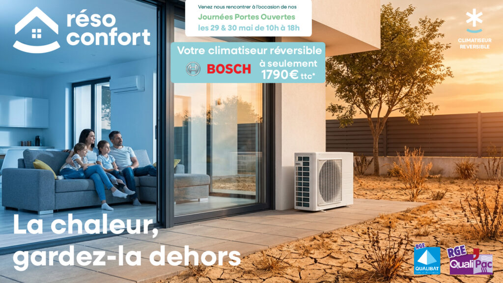 Famille profitant de la fraicheur dans son salon grâce à sa climatisation, en plein été