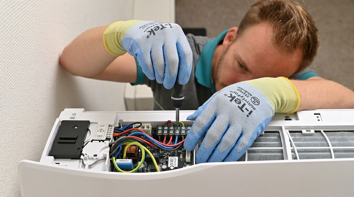 Technicien réparant une unité de climatisation avec un tournevis.