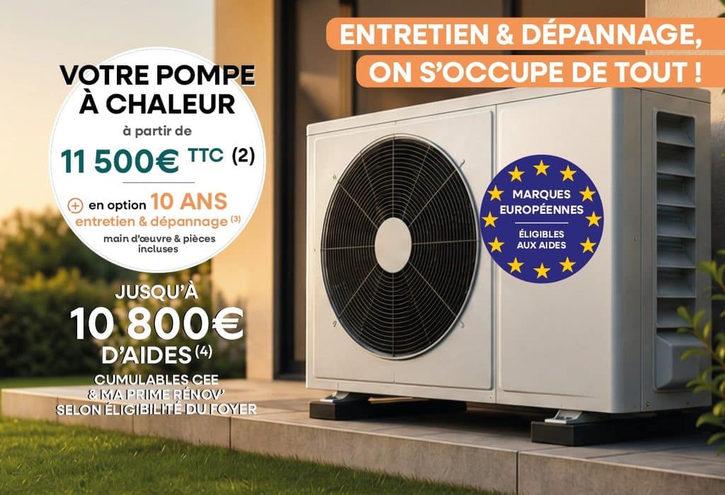 Pompe à chaleur extérieure sur une terrasse, offres et aides.