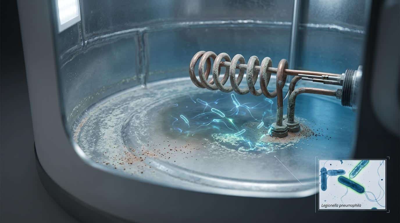 Résistance de chauffe-eau avec bactéries Legionella pneumophila illustrées.